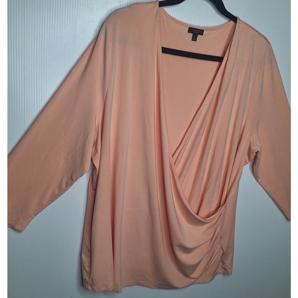 Talbots Woman Faux Wrap Top 3X Stretch Jersey 3/4 Sleeve Peach Ruched V-Neck - Picture 8 of 8